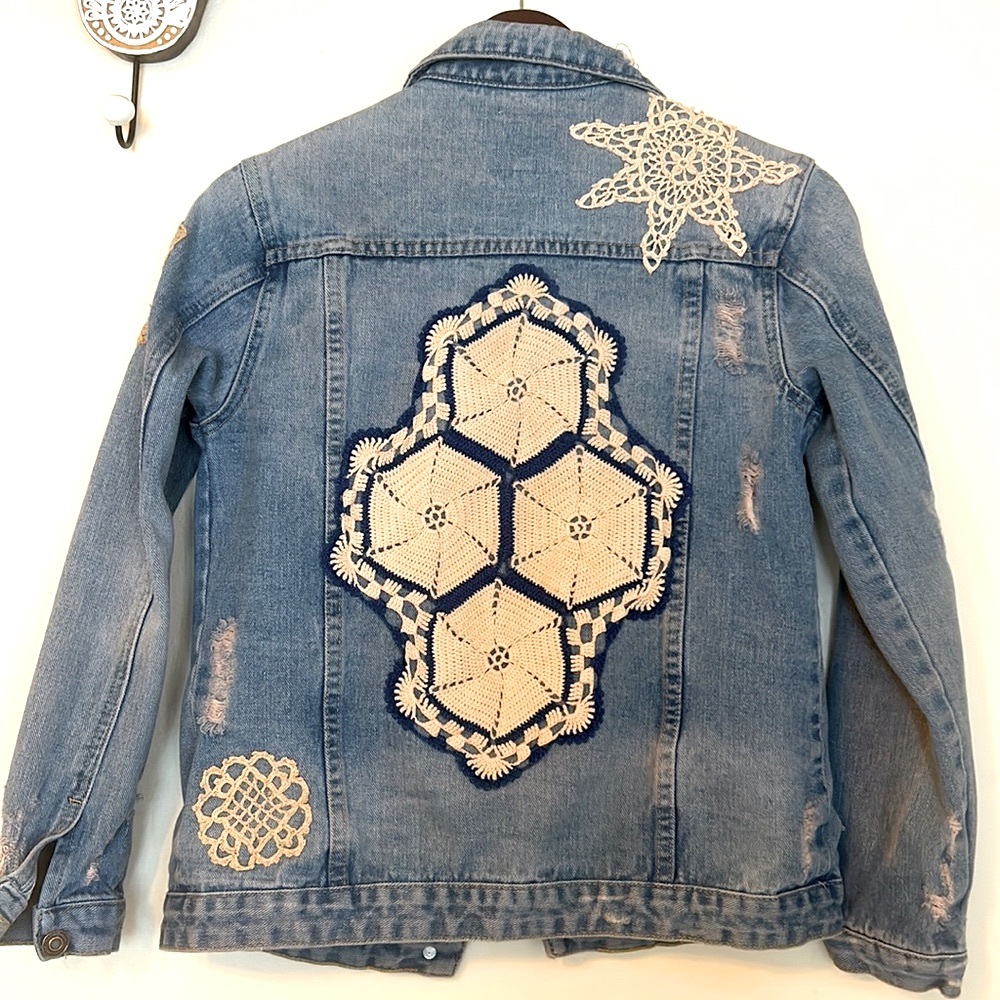 Upcycled vintage doily patched distressed jean jacket